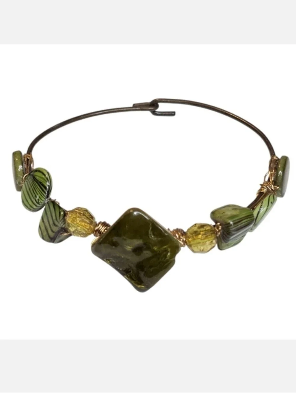 Assorted Green Glass Wire Wrapped Beaded Bracelet Vintage Artisan One Of A Kind
